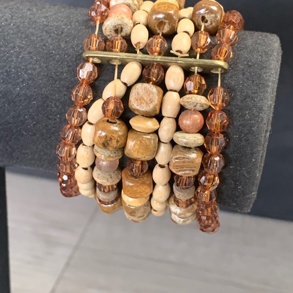 Boho Multi Strand Wood and Amber Bead Stretch Bracelet Earthy Layered Stack